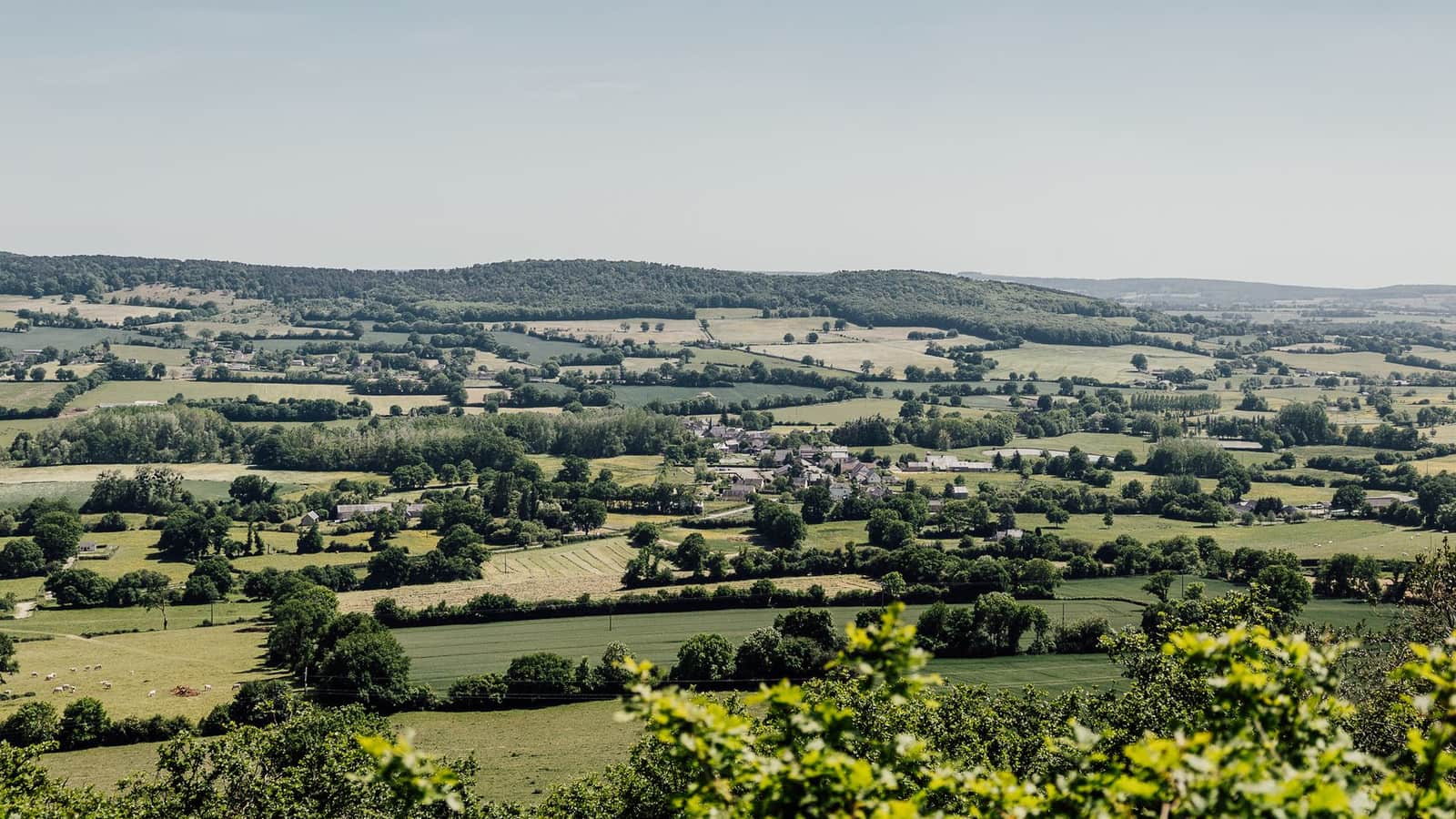 Plaine agricole vallonnée du Forez avec village, haies bocagères et collines boisées